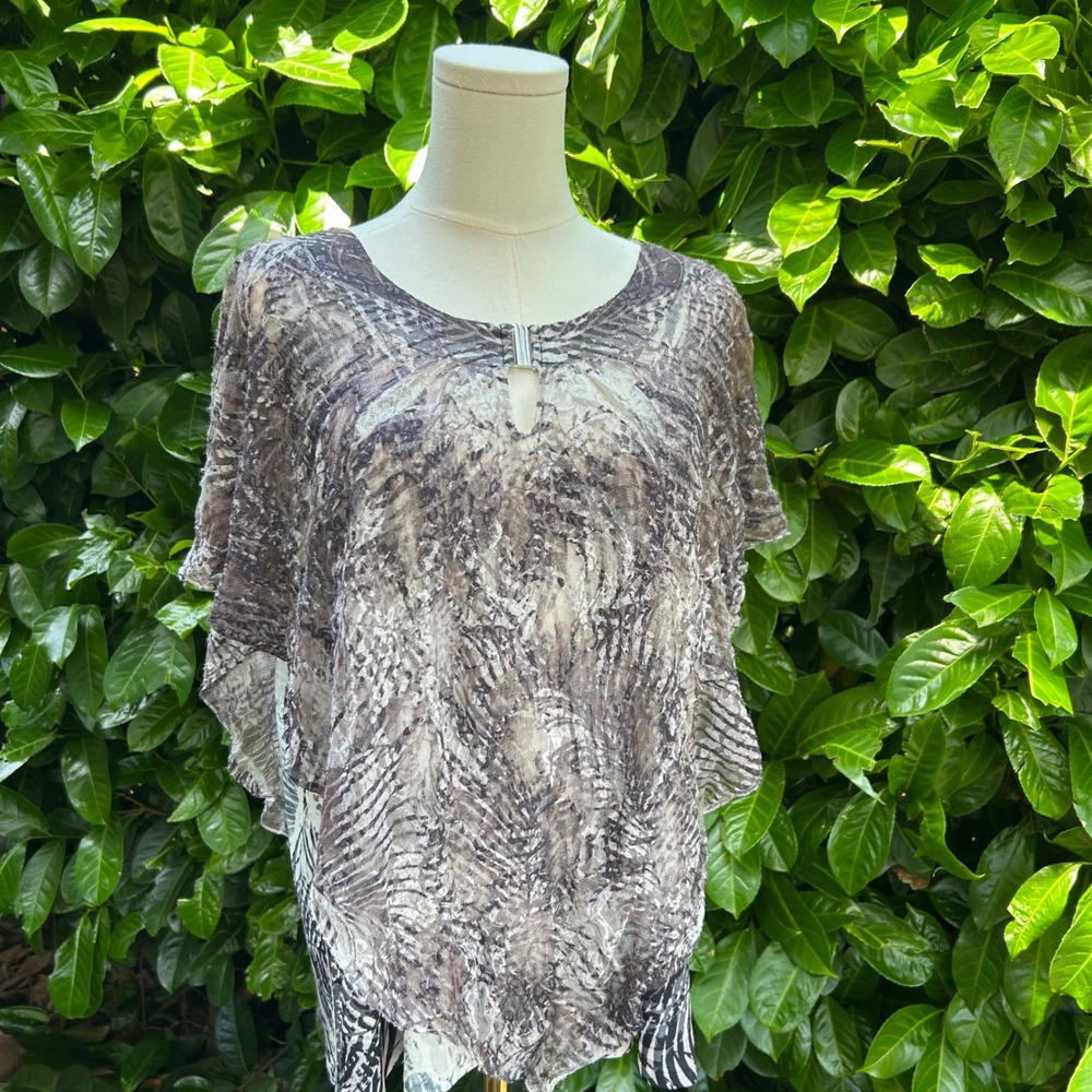vintage y2k Notations Woman Poncho Top Brown‎ Gray Print Layered Mesh